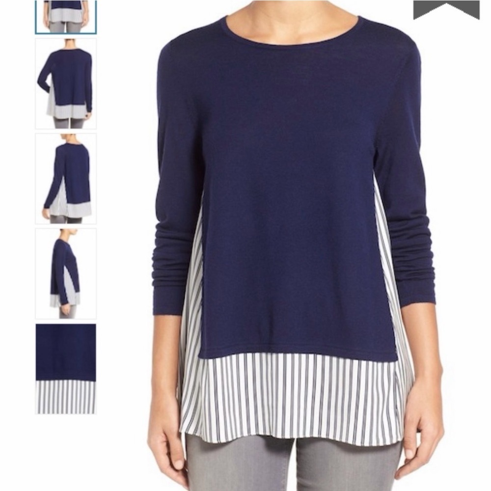 Nordstrom Collection Navy Blue Layered Silk Mixed Media Sweater Size Medium